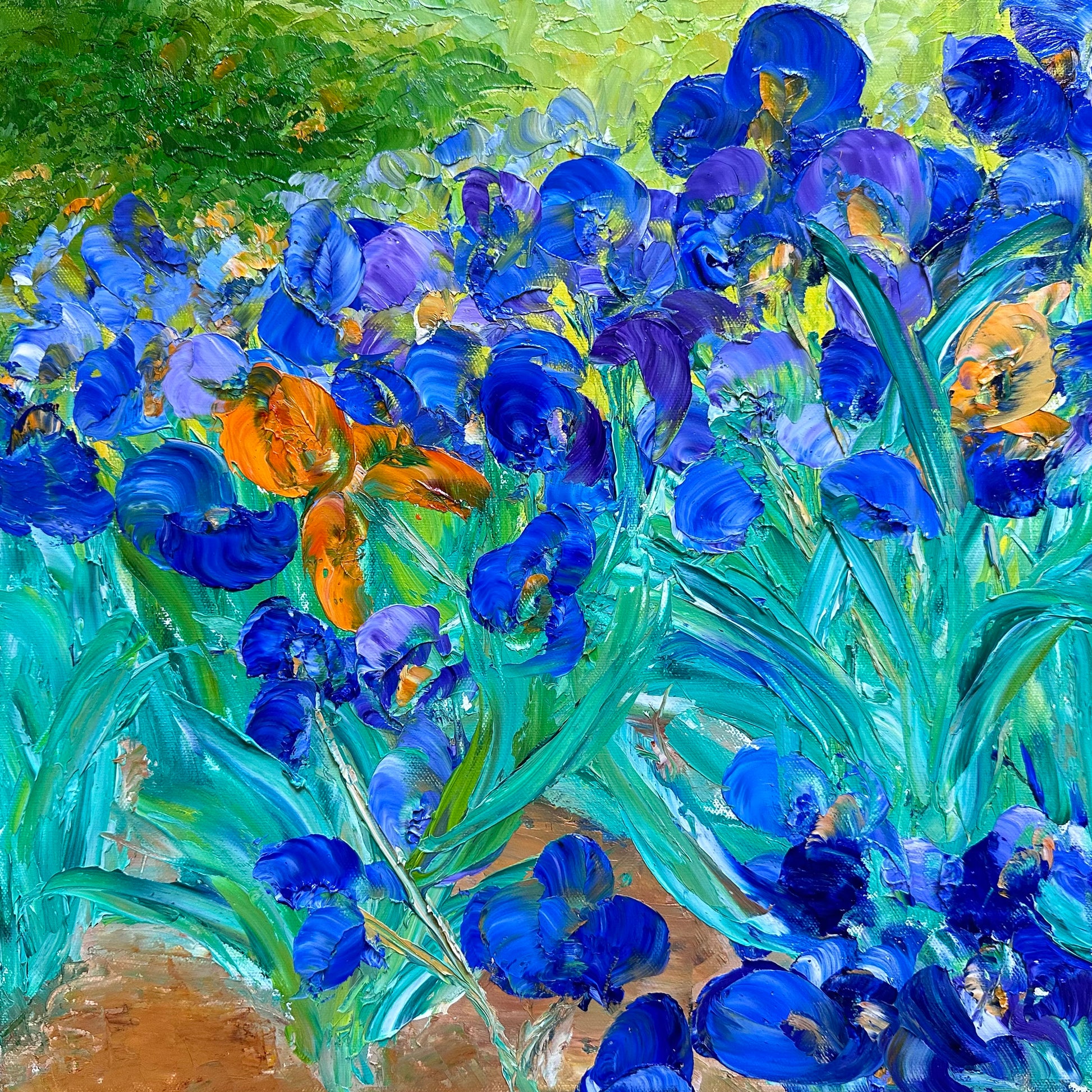 Abstract impressionist oil painting of Blue Irises created in Washington, DC by Maria-Victoria Checa on Friday, October 27th. 2023.