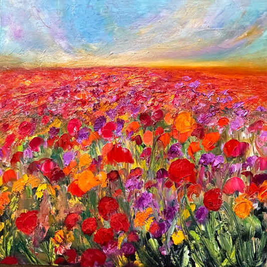 Abstract impressionist oil painting of a poppy field in warm tones of reds, oranges and purples.