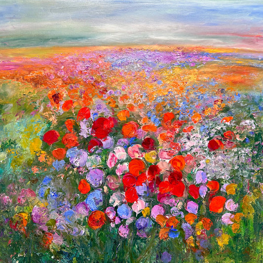 Abstract impressionist oil painting of a flower field in many different colors.