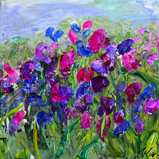 Abstract impressionist acrylic painting of flowers in tones of purples, pinks and lavender blues created in Washington, DC by Maria-Victoria Checa