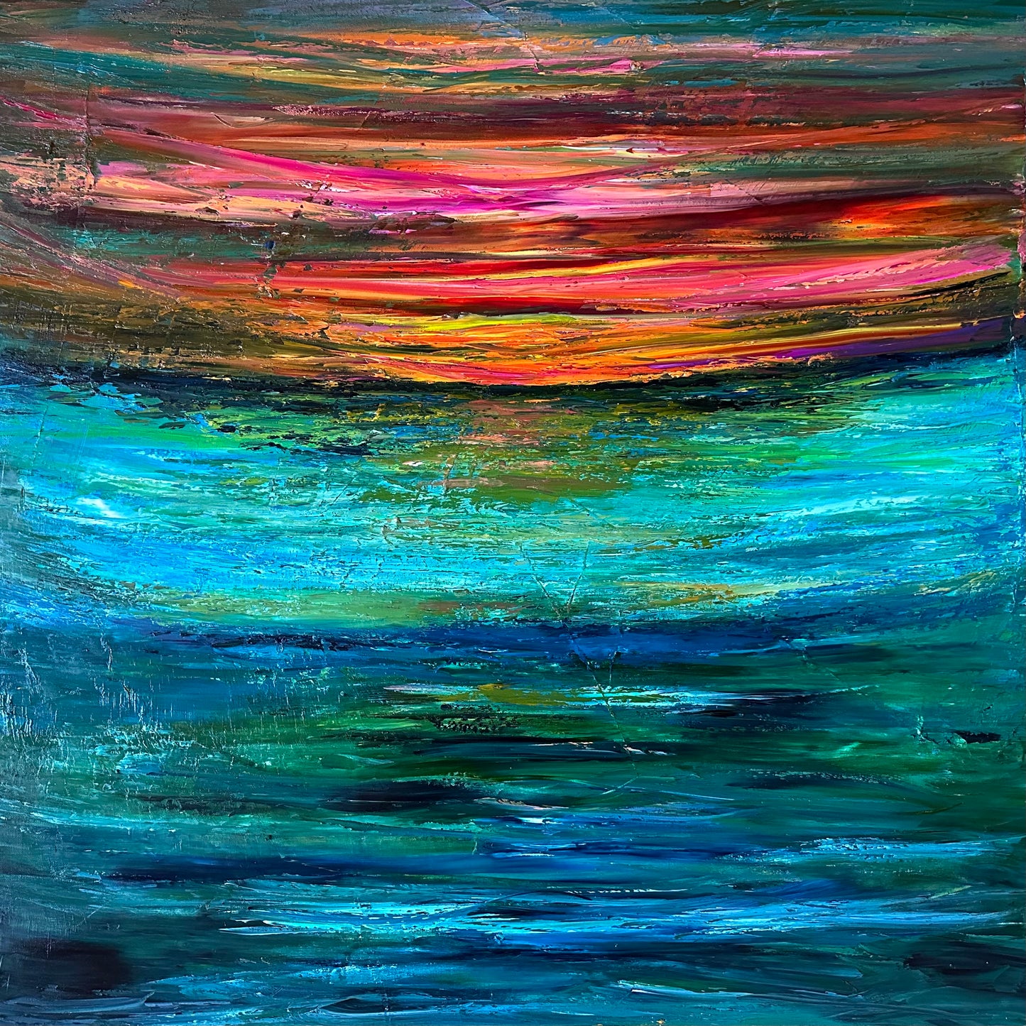 Painting of a sunset using Gerhard Richter techniques.