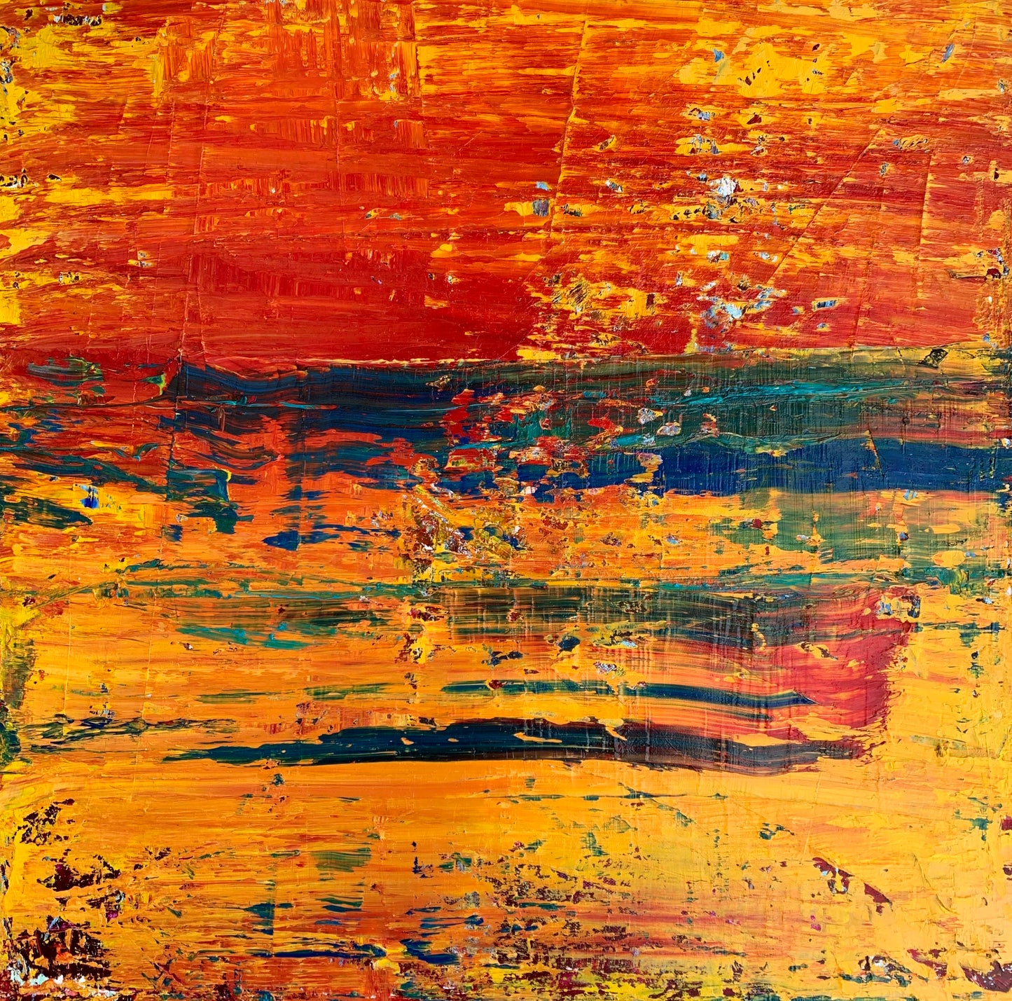 Abstract oil painting using Gerhard Richter techniques and inspired by one of his most famous painting in tones of yellows, reds and oranges.