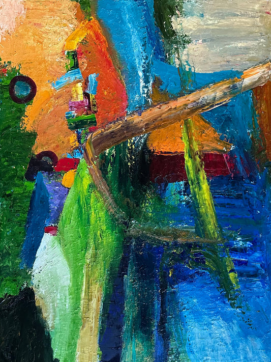 Abstract expressionist oil painting in blues, greens and oranges.
