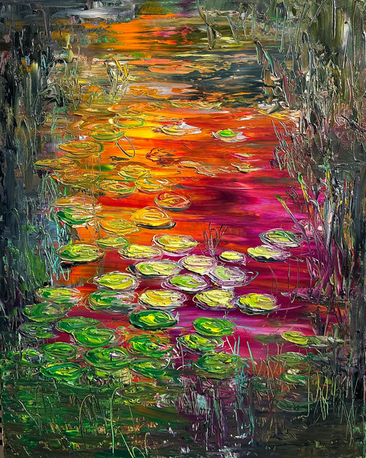 Abstract impressionist Claude Monet inspired oil painting of water lilies in the sunset.
