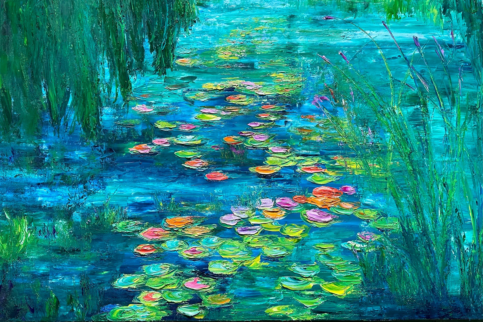 waterlily painting in turquoise colors