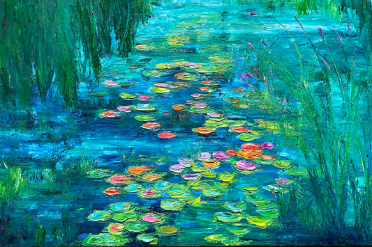 waterlily painting in turquoise colors