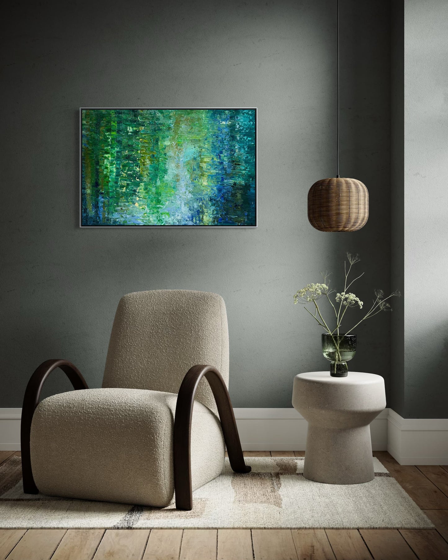 Water Reflection abstract oil painting by Maria-Victoria Checa in a silver float frame displayed on a sage green wall above a bouclé armchair in a warm modern living room