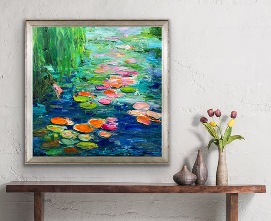 Dive into a whimsical world with this vibrant abstract painting, where dreamy chimeras come alive in swirling blues, greens, and lavenders. Delicate hints of pink add a playful touch, making this 36" x 36" acrylic piece a lively centerpiece that sparks imagination and joy in any space.