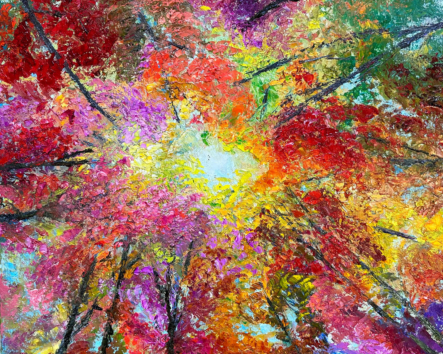 abstract impressionist oil painting of colorful fall trees up in the sky