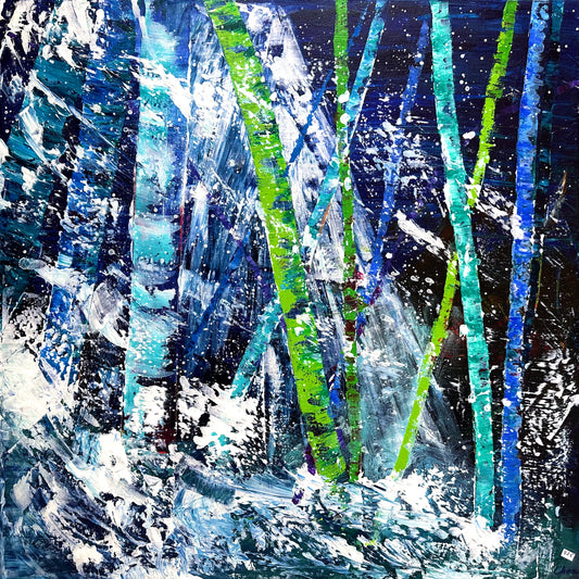 Abstract acrylic painting of imaginary blue trees in a winter storm .