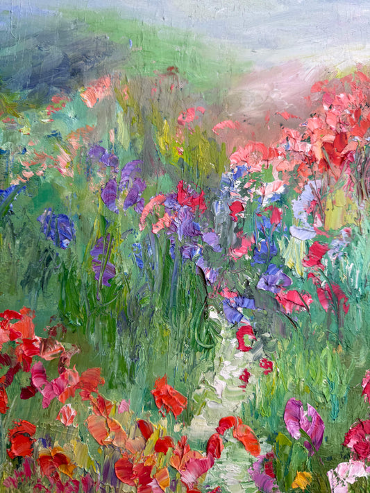Detail of A Stroll in a Flower Field showing textured brushstrokes and vibrant wildflowers.