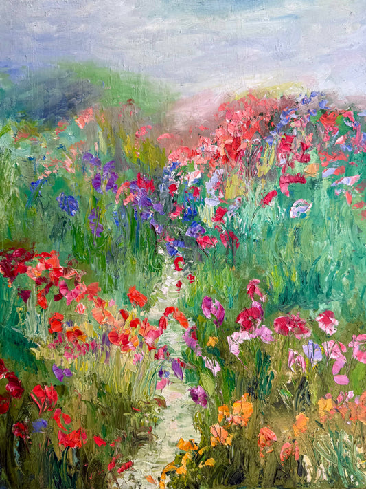 Impressionist landscape painting A Stroll in a Flower Field by Maria-Victoria Checa with a winding path and colorful wildflowers.