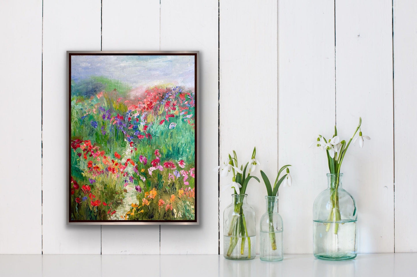 A Stroll in a Flower Field print displayed in a modern interior setting as colorful floral wall art.