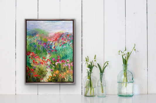 A Stroll in a Flower Field print displayed in a modern interior setting as colorful floral wall art.