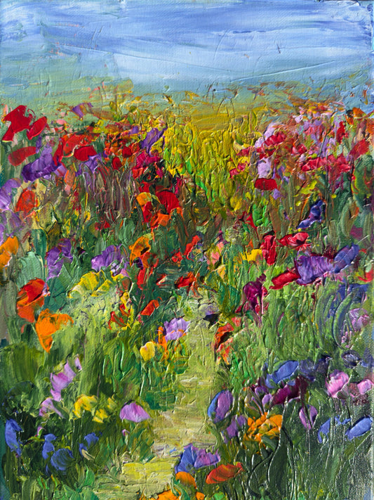 Impressionist landscape painting A Walk in a Flower Field by Maria-Victoria Checa with a sunlit path and colorful wildflowers.