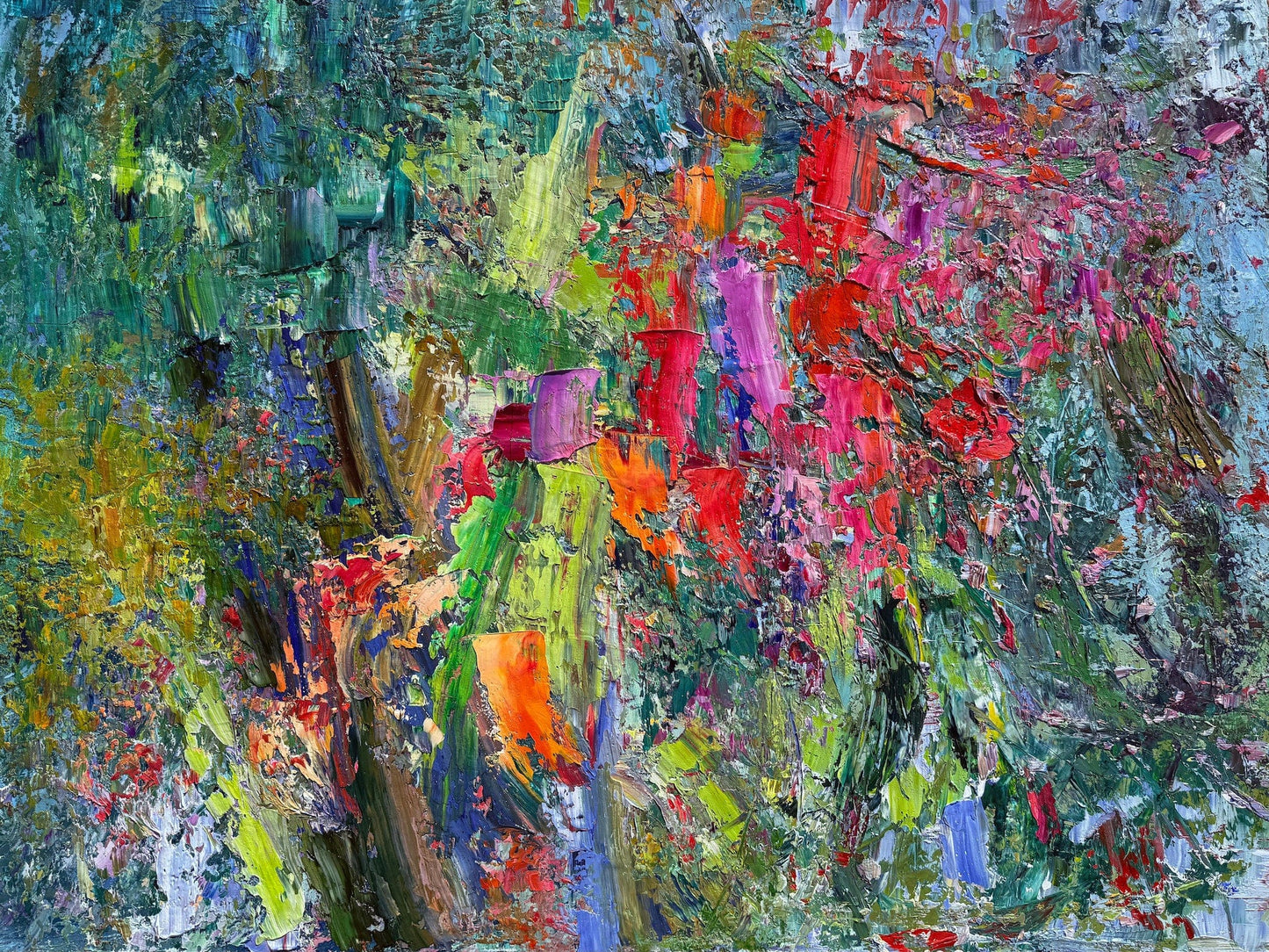 Abstract flower field original oil painting with bold palette knife textures in crimson, magenta, orange, green and teal by Washington DC artist Maria-Victoria Checa