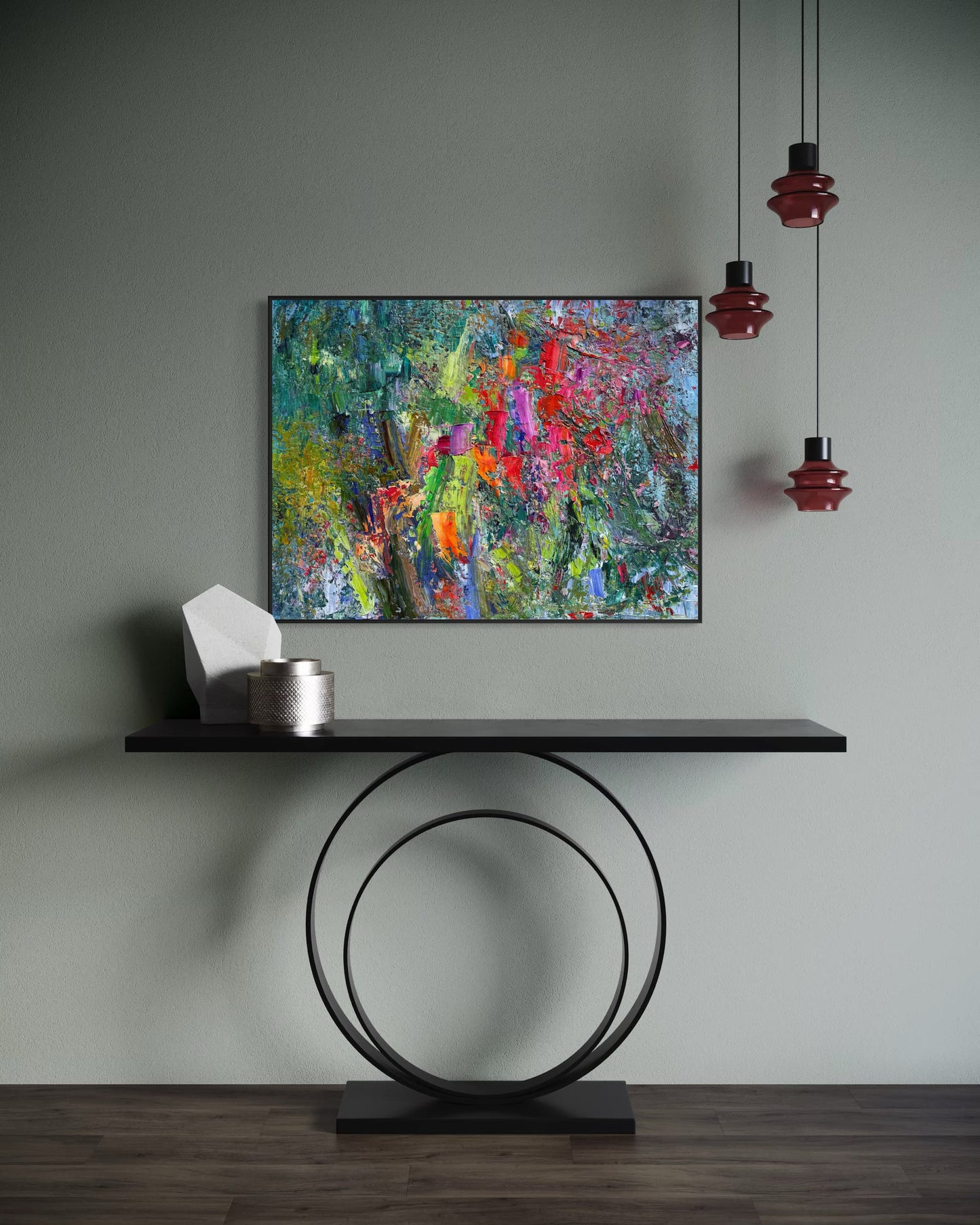 Abstract flower field oil painting displayed in a modern interior above a console table with circular base and pendant lights