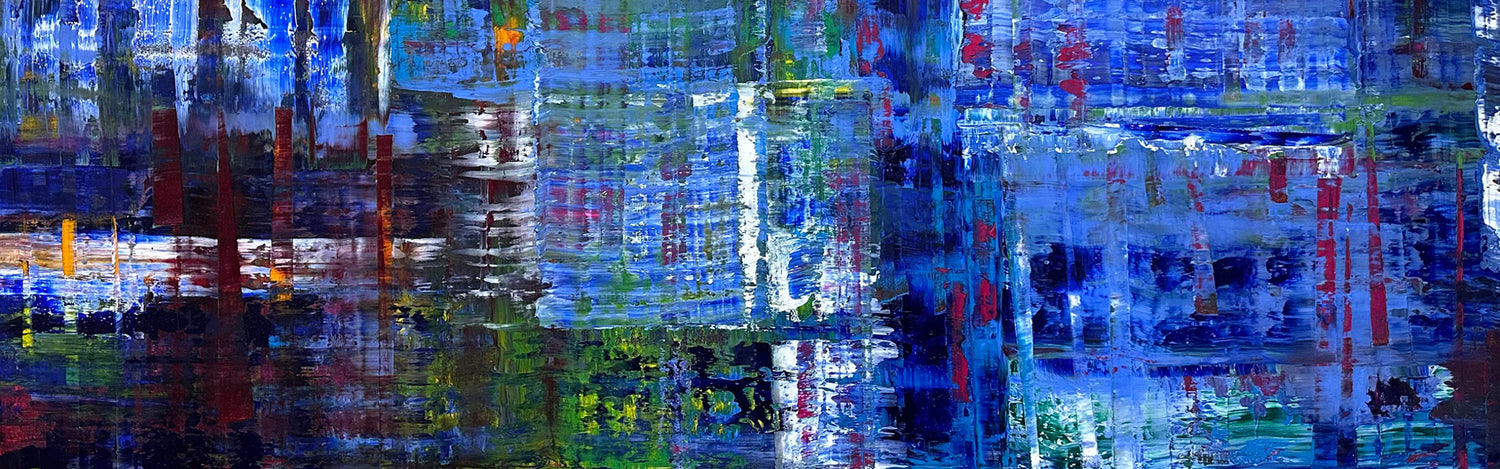 Abstract painting Bleu with blue tones by Washington, DC artist, Maria-Victoria Checa.