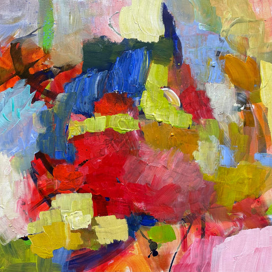 Abstract Painting I, original colorful abstract acrylic painting by Maria-Victoria Checa, 16x16 in, red chartreuse blue and gold brushwork