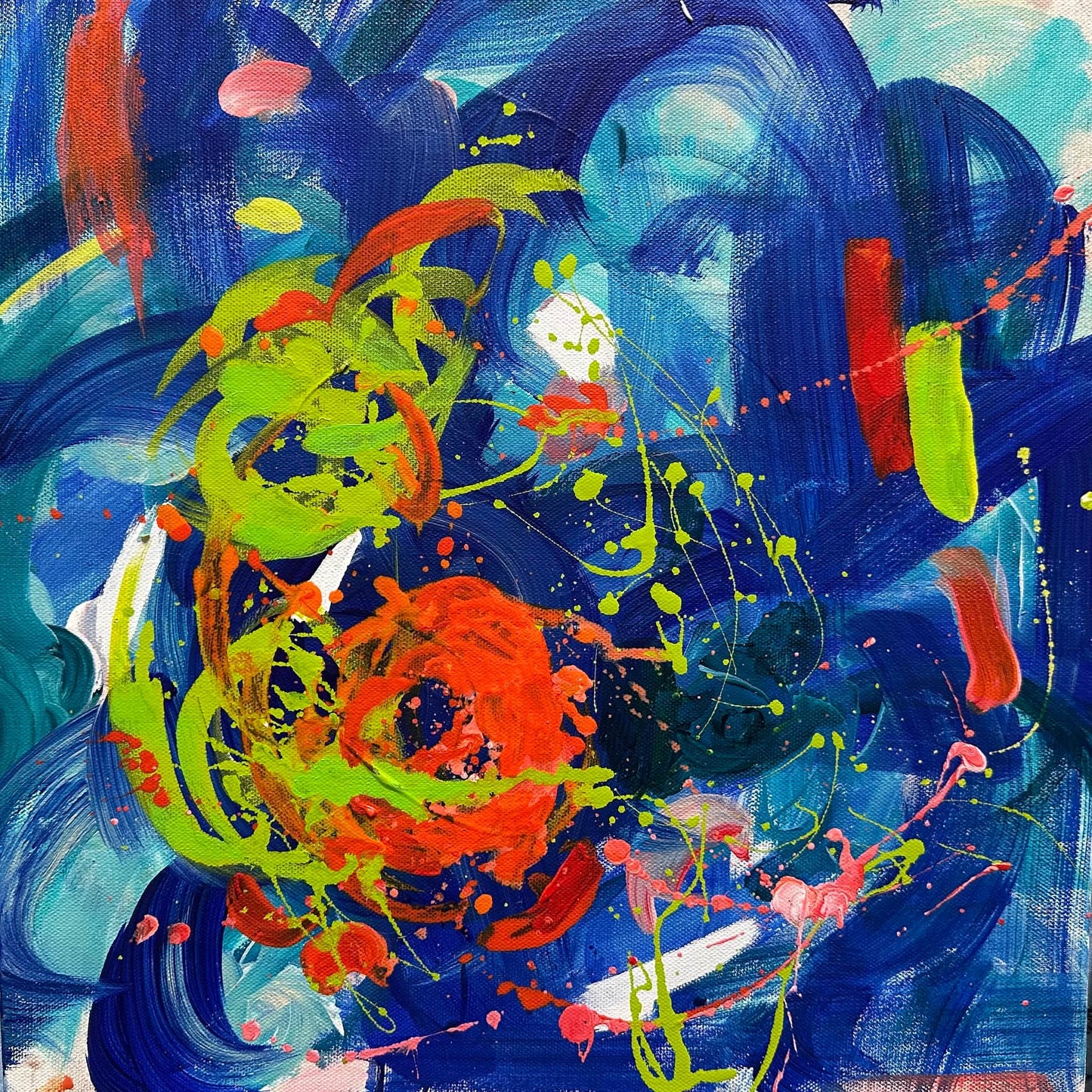 Abstract Painting II, original abstract acrylic painting by Maria-Victoria Checa, 16x16 in, deep blue with orange, red and chartreuse gestural marks