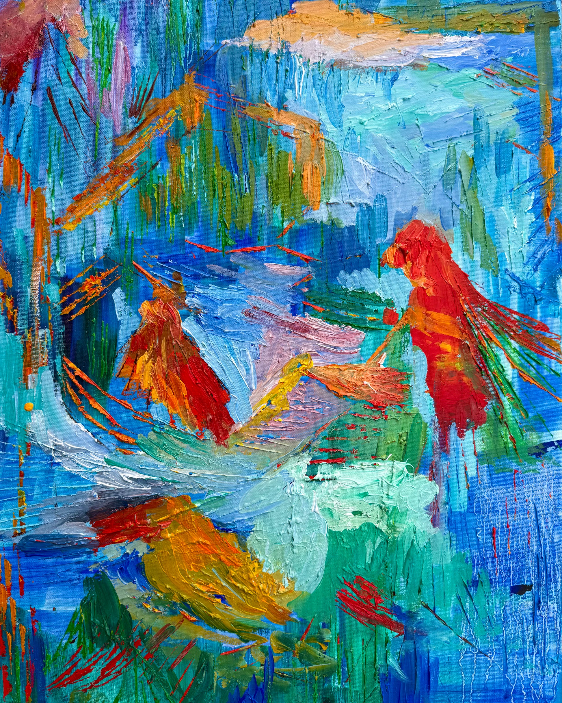 Colorful abstract painting inspired by a rainforest, featuring layered blue, green, and red textures by Maria-Victoria Checa