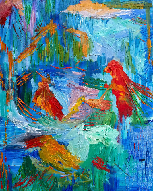 Colorful abstract painting inspired by a rainforest, featuring layered blue, green, and red textures by Maria-Victoria Checa