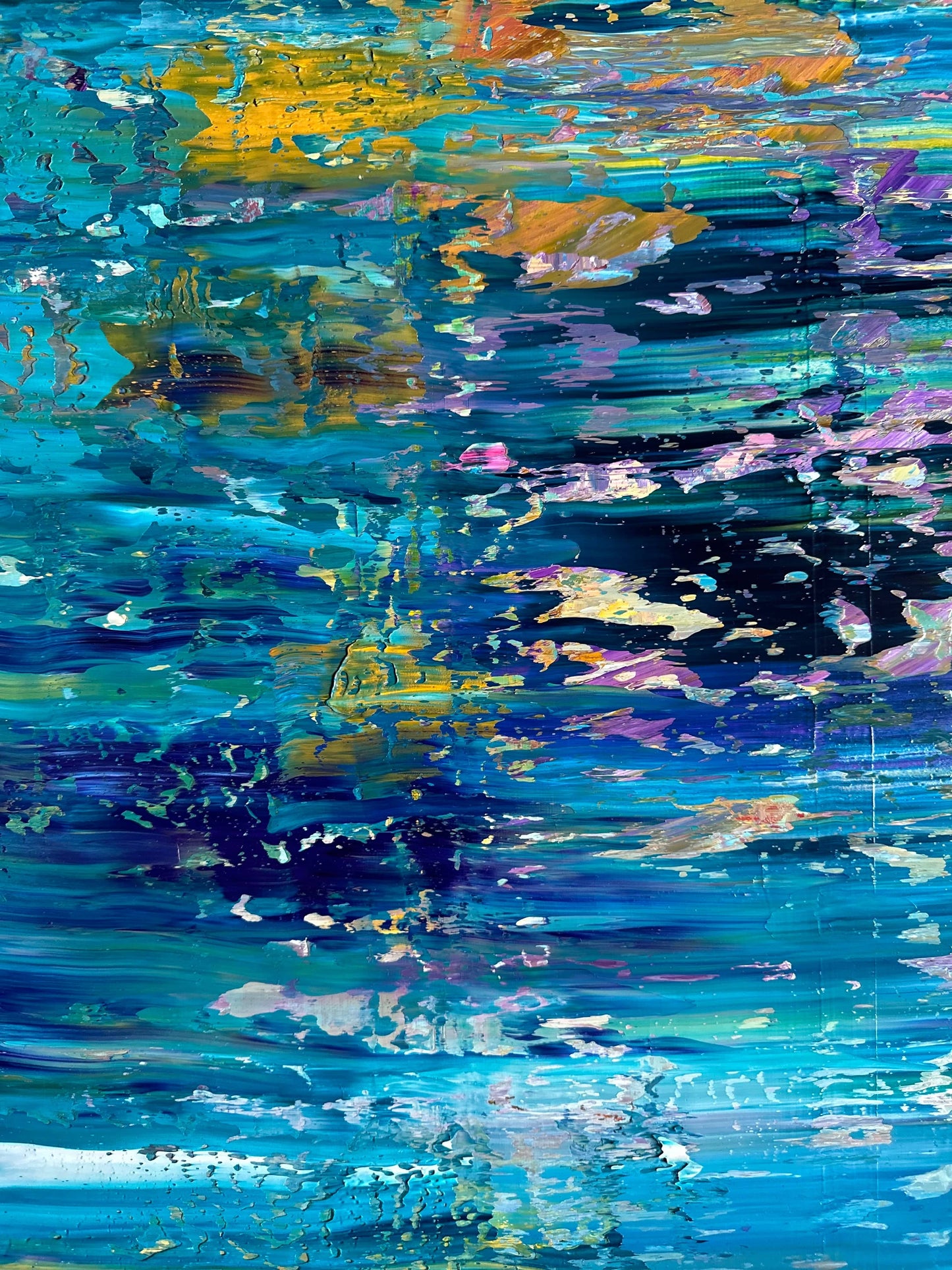 Vibrant abstract detail with reflective blues and metallic accents from Abstract Water Reflection painting.