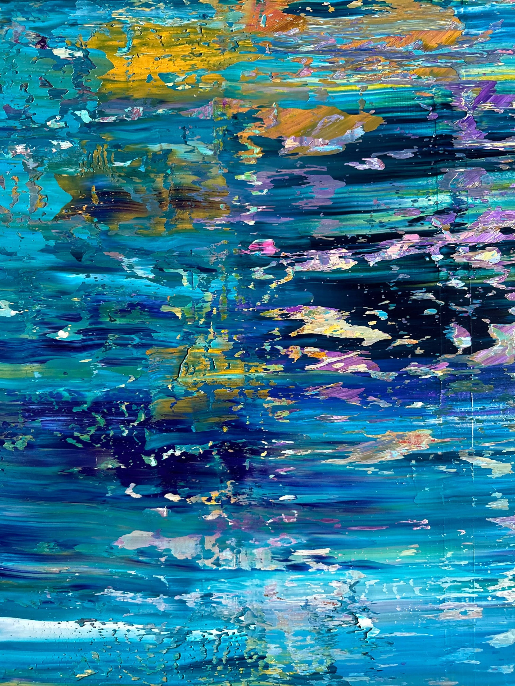 Vibrant abstract detail with reflective blues and metallic accents from Abstract Water Reflection painting.