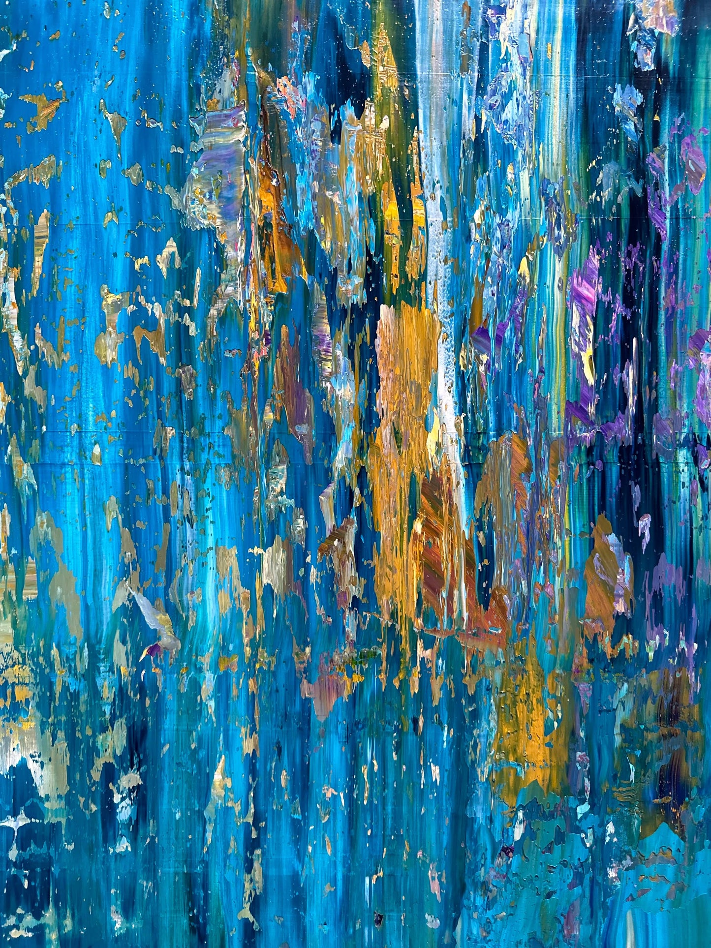 Close-up texture of the Abstract Water Reflection painting with expressive brushwork and shimmering colors.