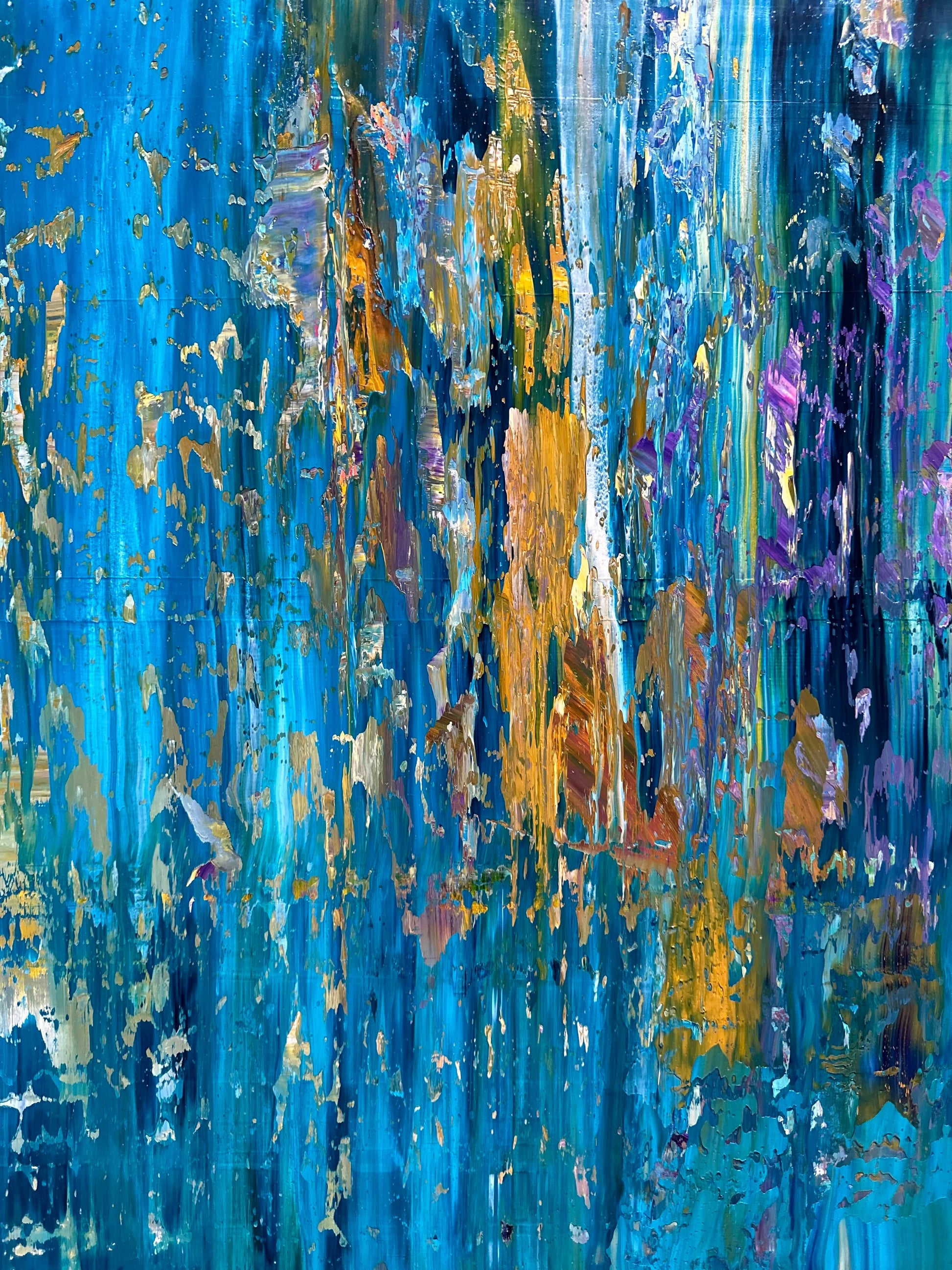 Close-up texture of the Abstract Water Reflection painting with expressive brushwork and shimmering colors.