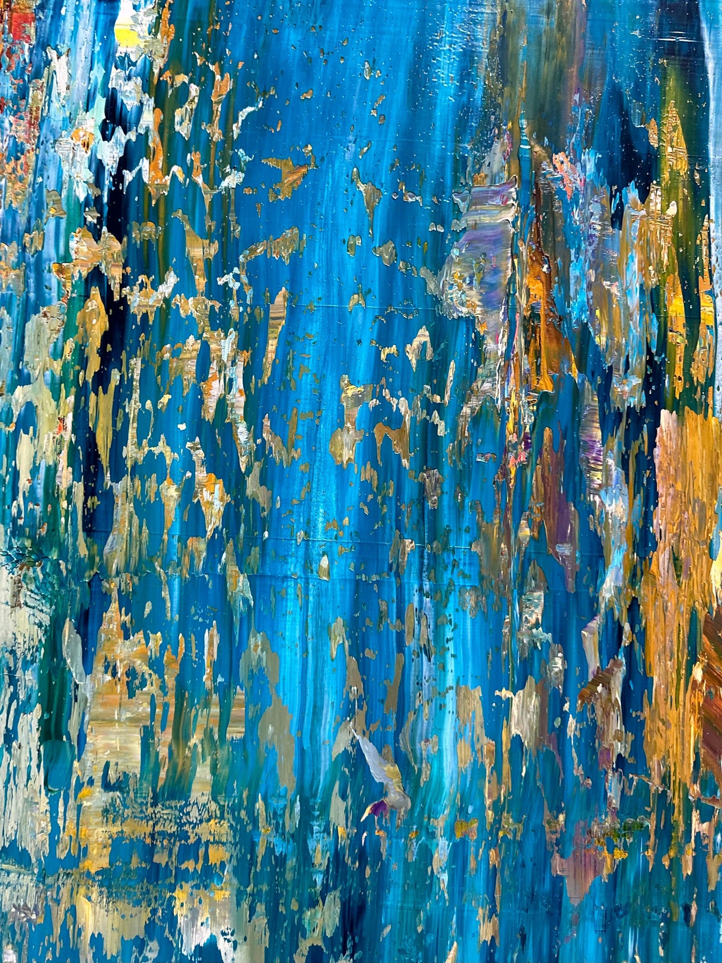 Detail view of Abstract Water Reflection painting showing blue tones, gold highlights, and layered texture.