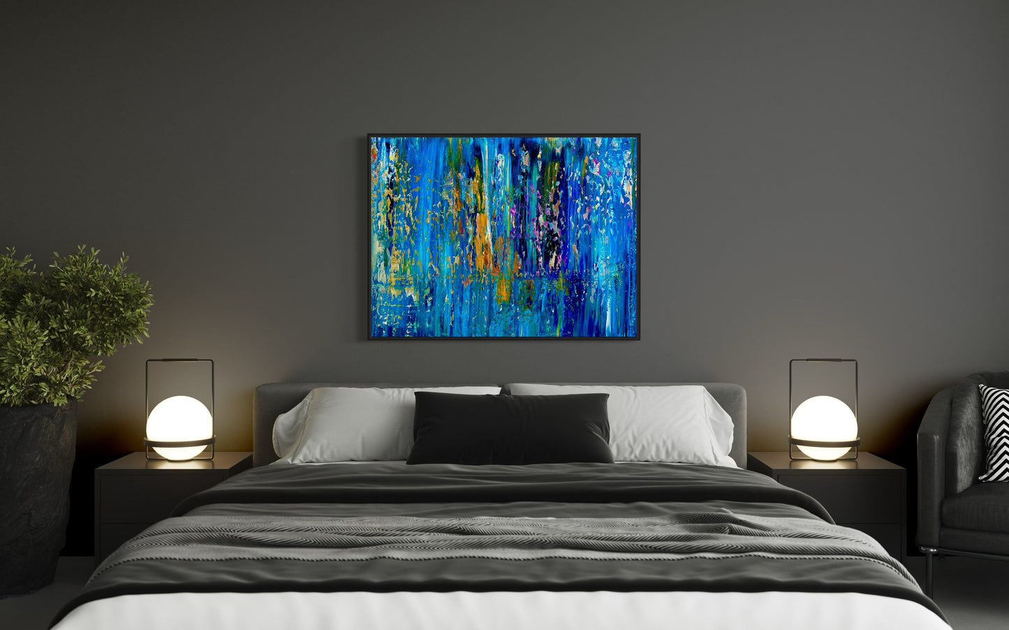 Abstract Water Reflection painting by Maria-Victoria Checa hanging above a contemporary bed in a dark, elegant bedroom interior.