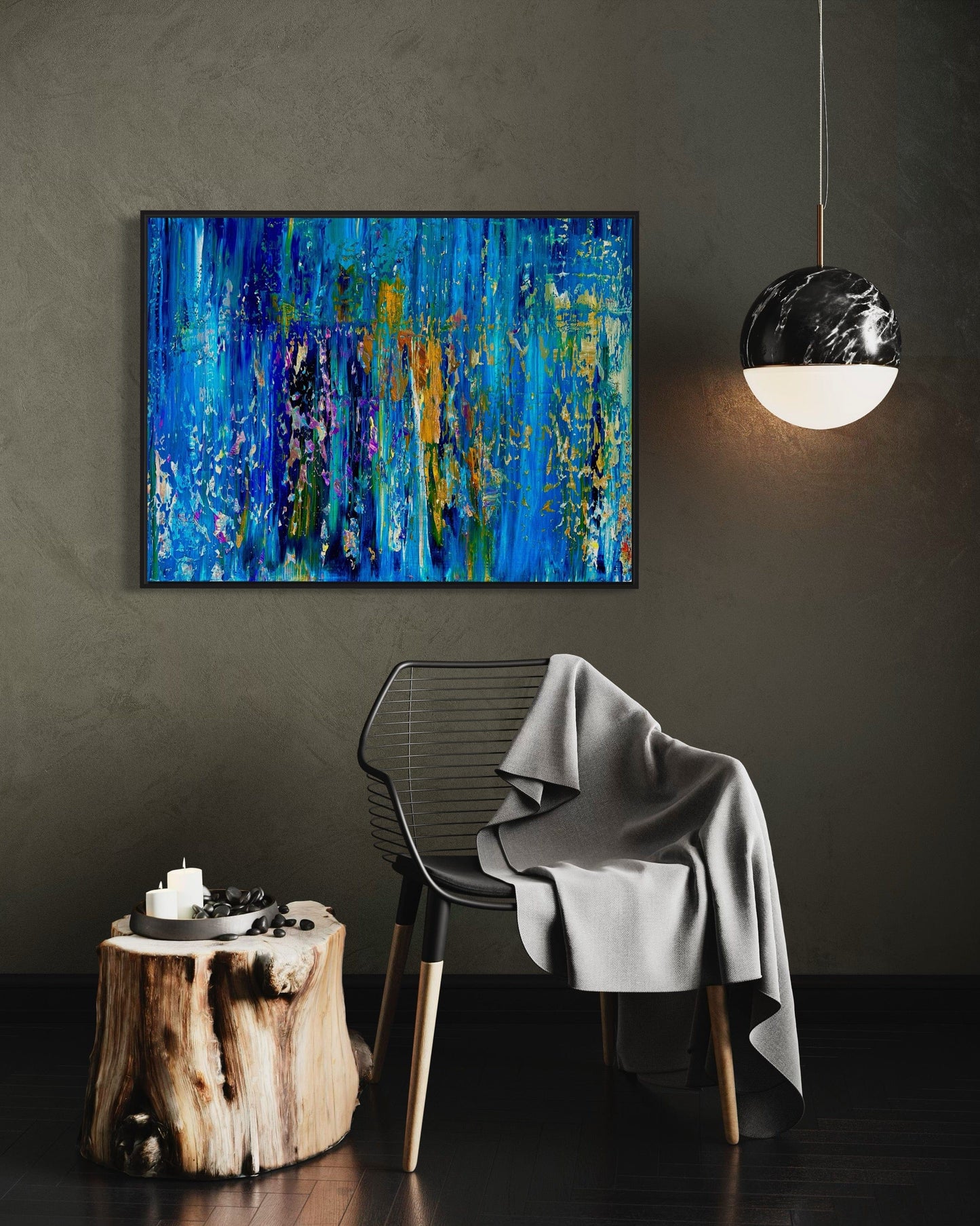 Abstract Water Reflection painting by Maria-Victoria Checa displayed in a modern living room above a natural wood side table.