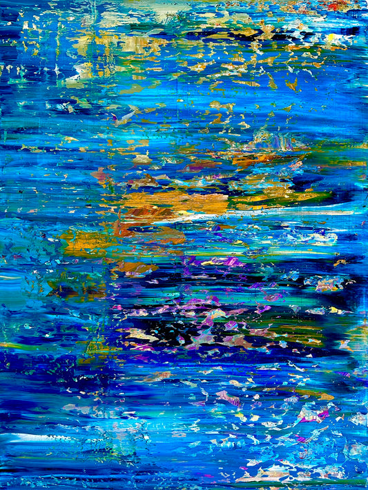 Abstract Water Reflection painting by Washington, DC–based contemporary artist Maria-Victoria Checa, featuring layered blues, gold accents, and expressive reflections inspired by shimmering water.