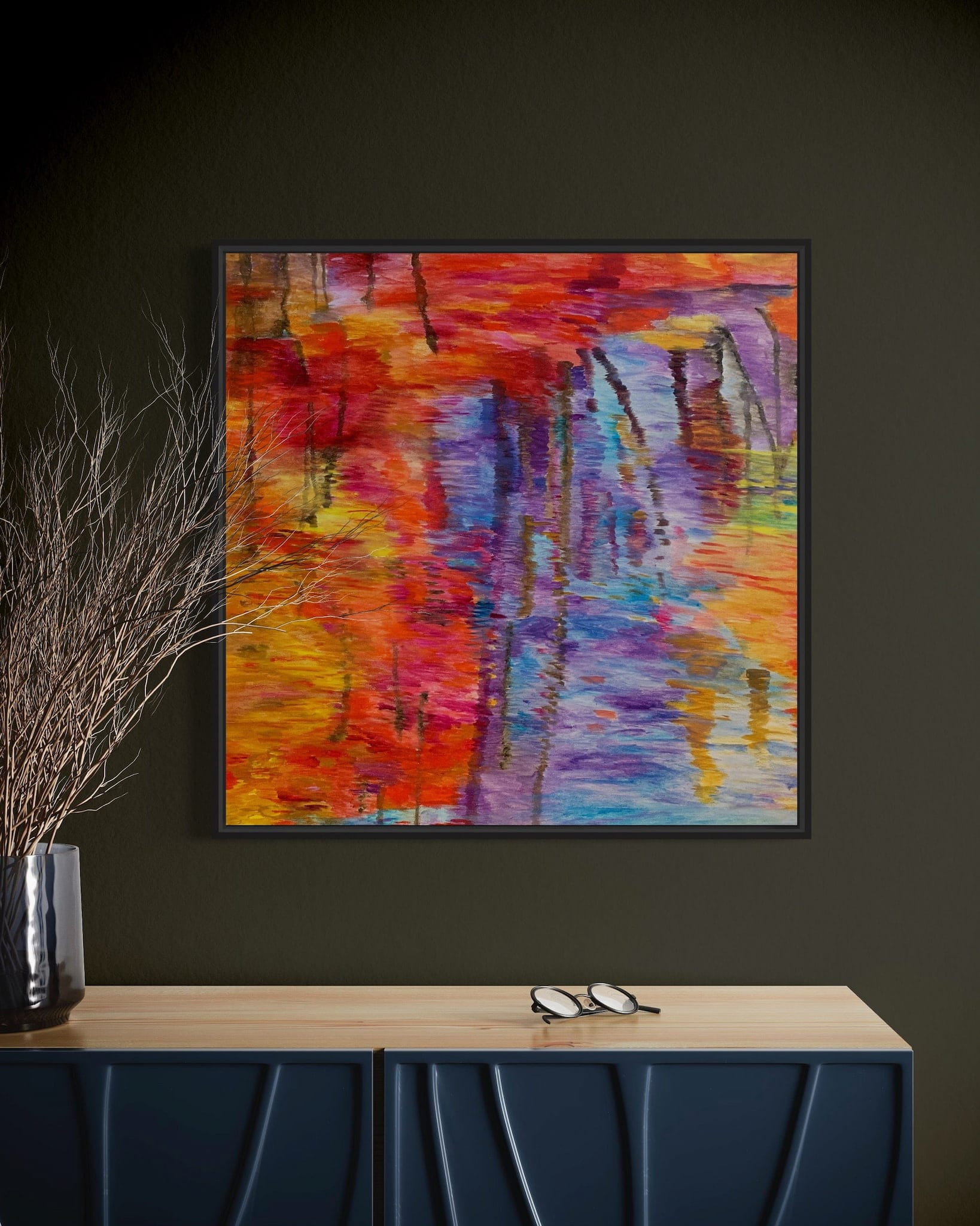 Abstracted Water Reflection acrylic painting in black frame on dark olive wall