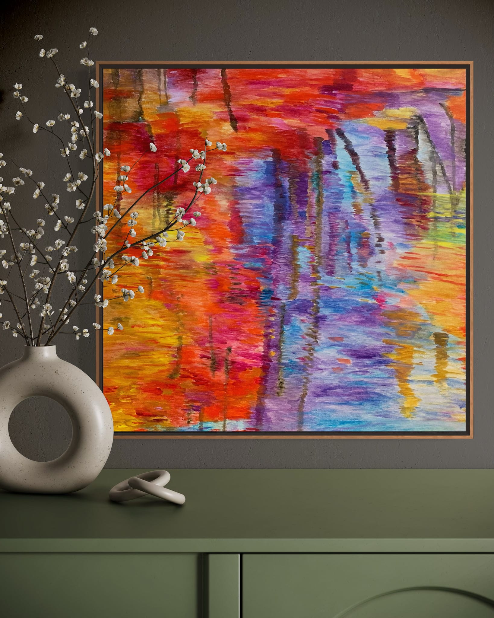 Abstracted Water Reflection in warm frame on olive green wall with white floral stems