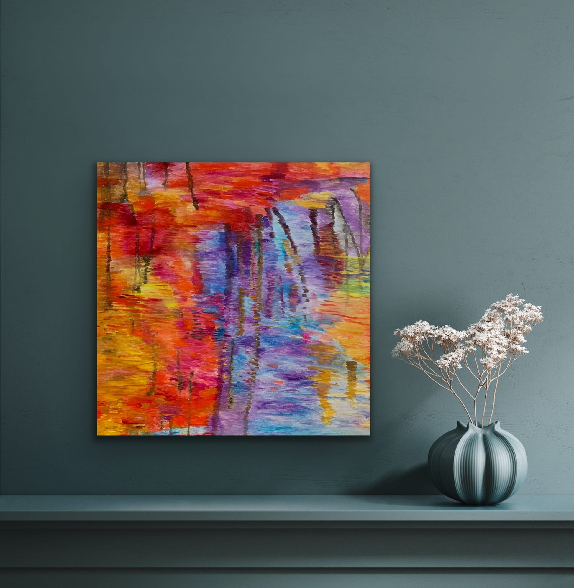 Abstracted Water Reflection painting on teal wall with ceramic vase