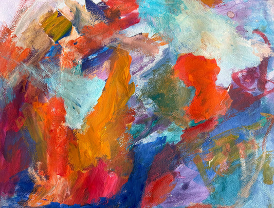 At Sea, a 16x20 abstract watercolor painting by Maria-Victoria Checa, featuring vibrant red, orange, turquoise, and blue brushstrokes on Arches paper.