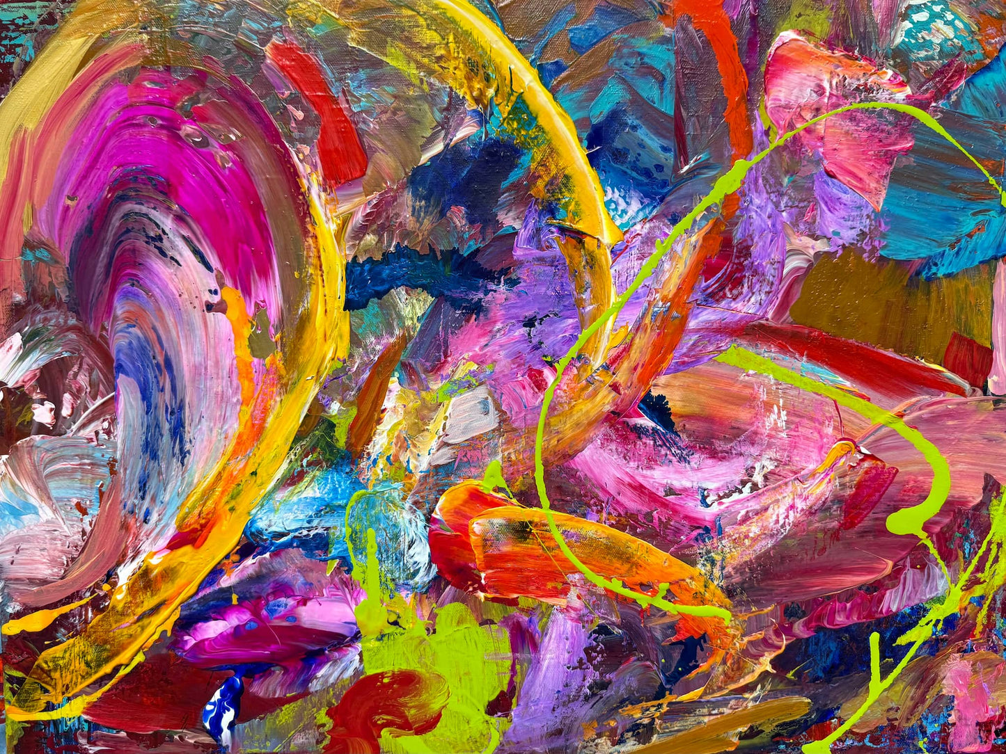 Atomic, original abstract acrylic painting by Maria-Victoria Checa, 18x24 in, bold expressive brushwork in magenta, yellow, orange and neon green