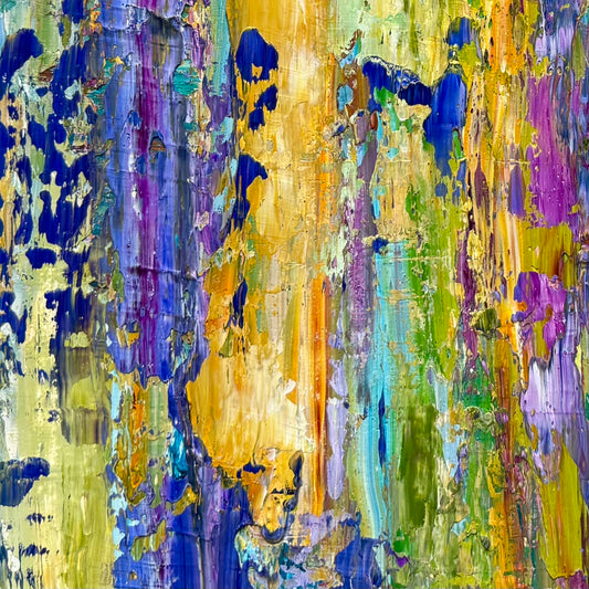 Detail of Lavender, an original abstract acrylic painting by Washington DC artist Maria-Victoria Checa, featuring layered blue, violet, yellow, and green textured brushstrokes with palette knife movement.