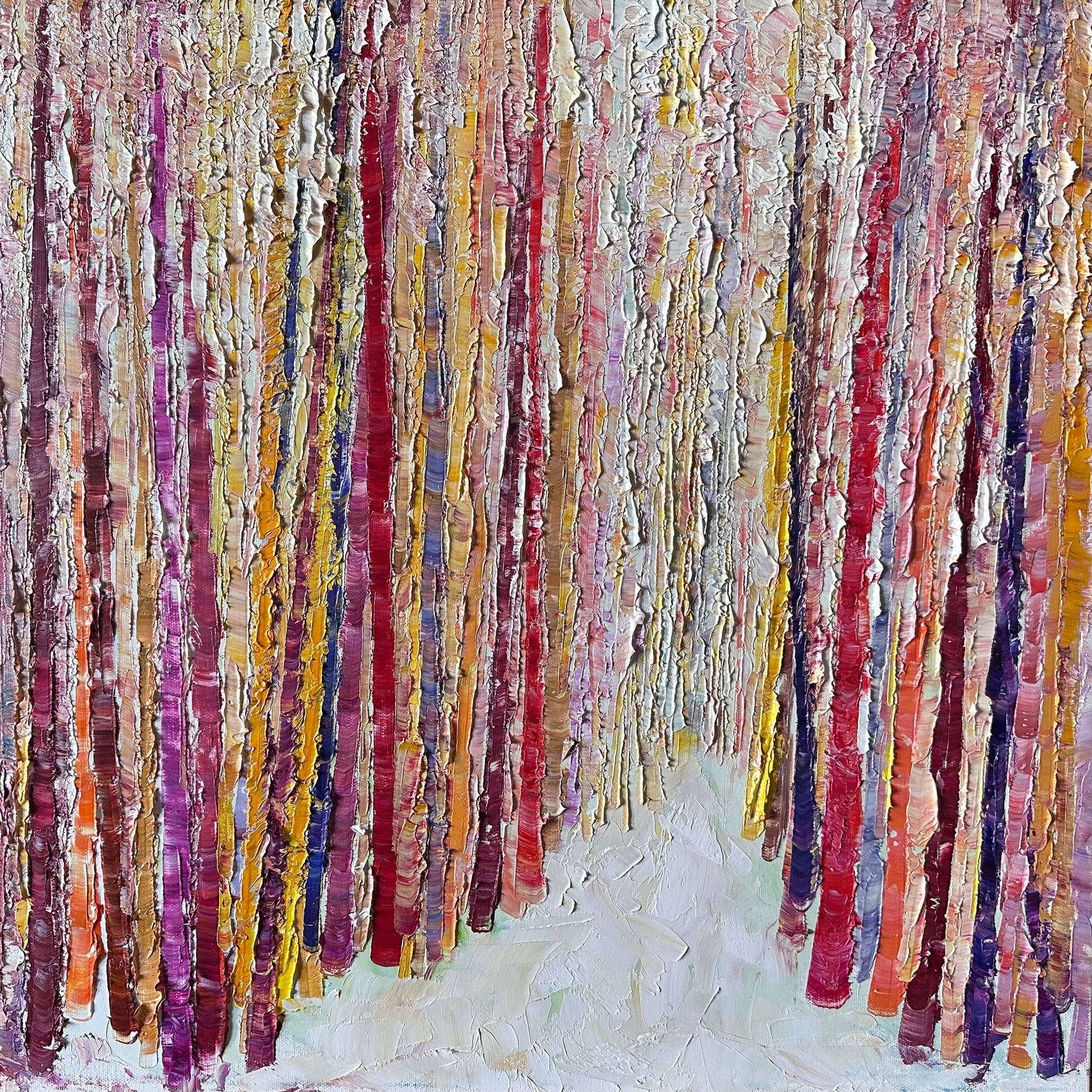 Bamboo Path, an abstract textured oil painting of tall vertical strokes in pink, gold, and purple tones by artist Maria-Victoria Checa.