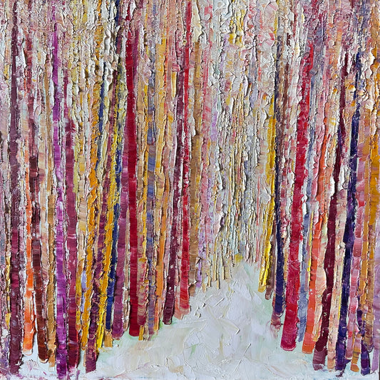 Bamboo Path, an abstract textured oil painting of tall vertical strokes in pink, gold, and purple tones by artist Maria-Victoria Checa.