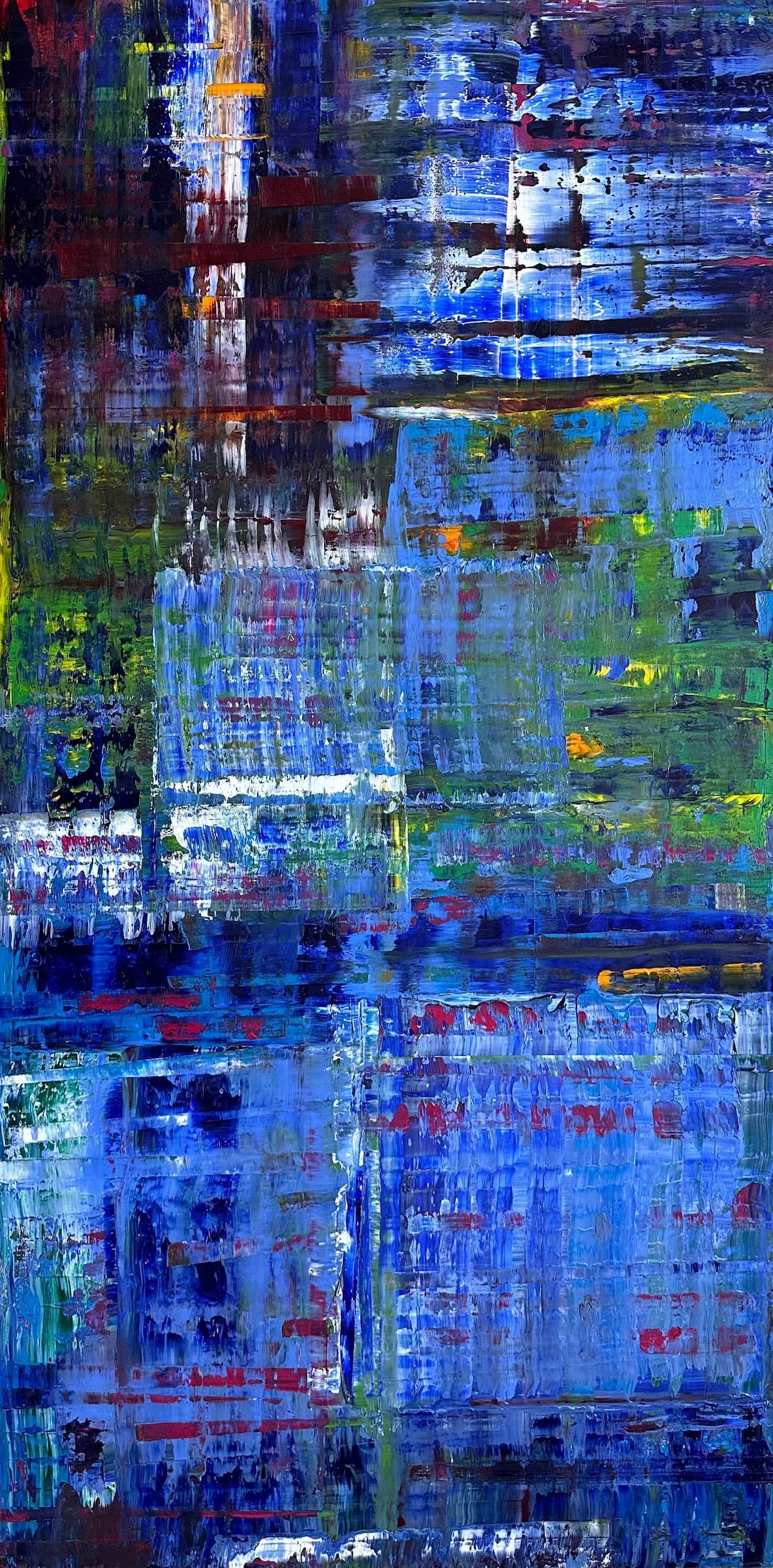 Bleu, original large abstract oil painting by Maria-Victoria Checa, 24x48 in, deep blue with cobalt, crimson and green palette knife texture