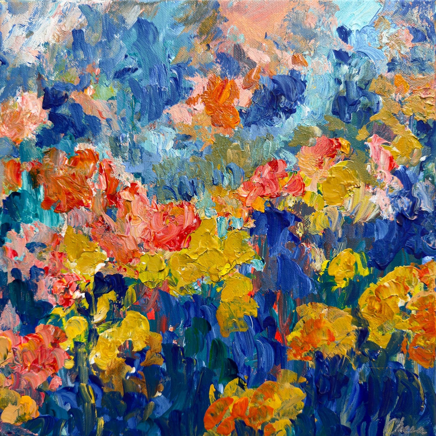 Blue Hour, a 12x12 acrylic painting of coral and marigold flowers against a deep indigo background, by Maria-Victoria Checa
