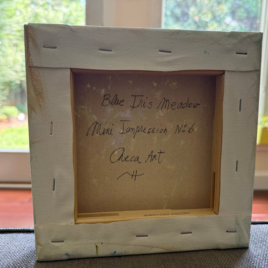 Back of canvas showing handwritten title Blue Iris Meadow, Mini Impression No. 6, original artwork by Maria-Victoria Checa, Checa Art