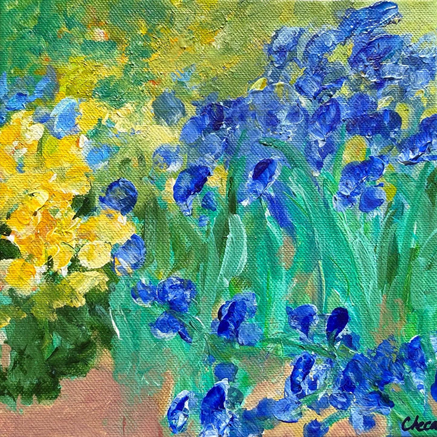 Blue Iris Meadow, original impressionist floral painting by Maria-Victoria Checa, 8x8 inches (20.3x20.3 cm) acrylic on canvas, Miniature Impressions series, Washington DC artist