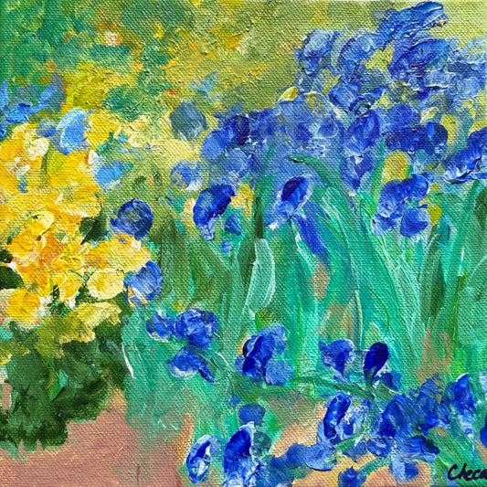 Blue Iris Meadow, original impressionist floral painting by Maria-Victoria Checa, 8x8 inches (20.3x20.3 cm) acrylic on canvas, Miniature Impressions series, Washington DC artist