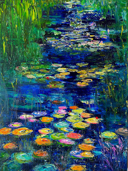 Blue Lily River fine art print by Maria-Victoria Checa featuring colorful lily pads floating on deep blue water.