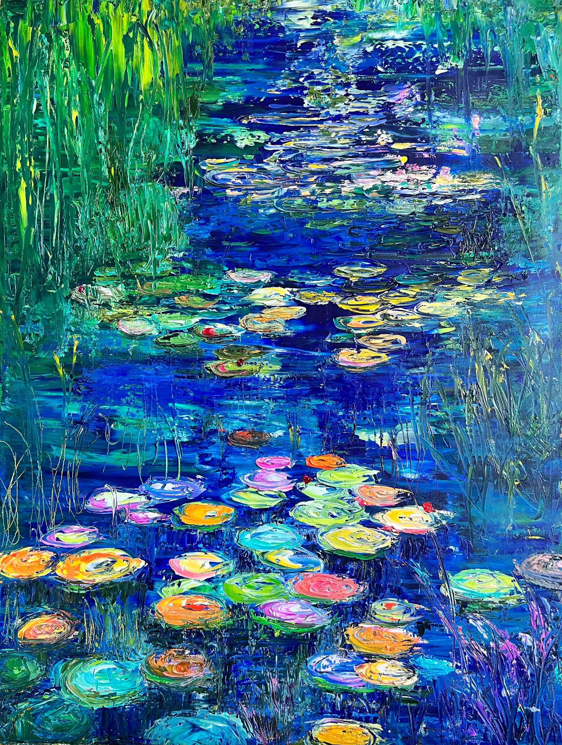 Impressionist painting ‘Blue Lily River’ by Maria-Victoria Checa, showing textured blue and green water with colorful lily pads and reflections.