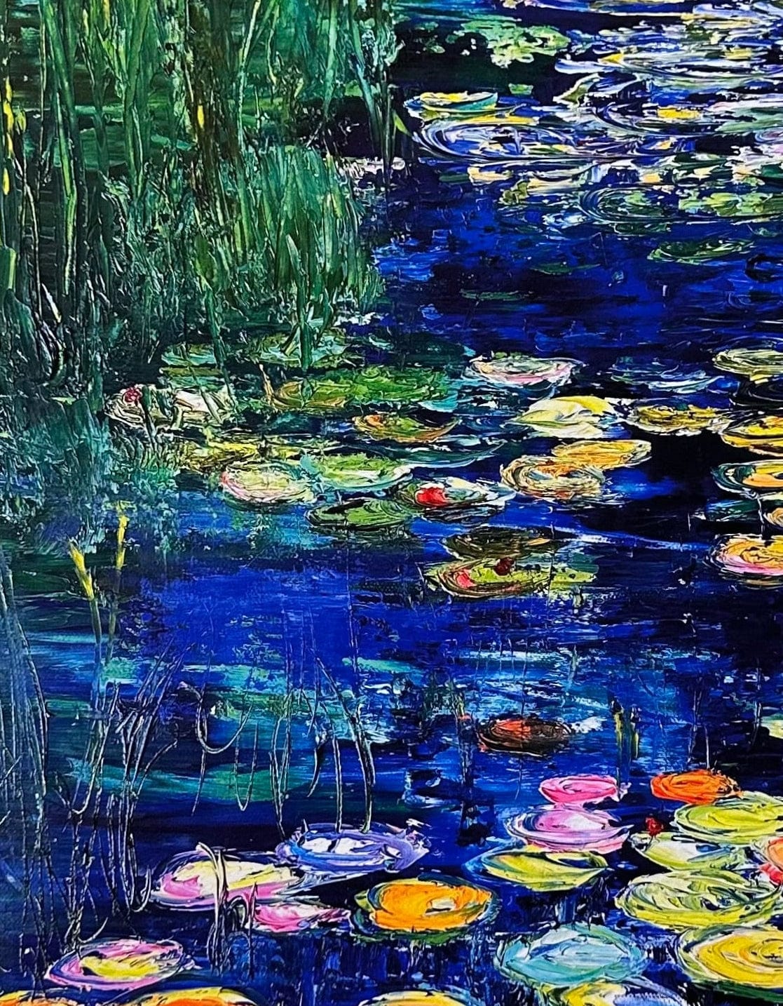 Detail of impressionist water lily painting Blue Lily River by Maria-Victoria Checa with vibrant blues and green reeds